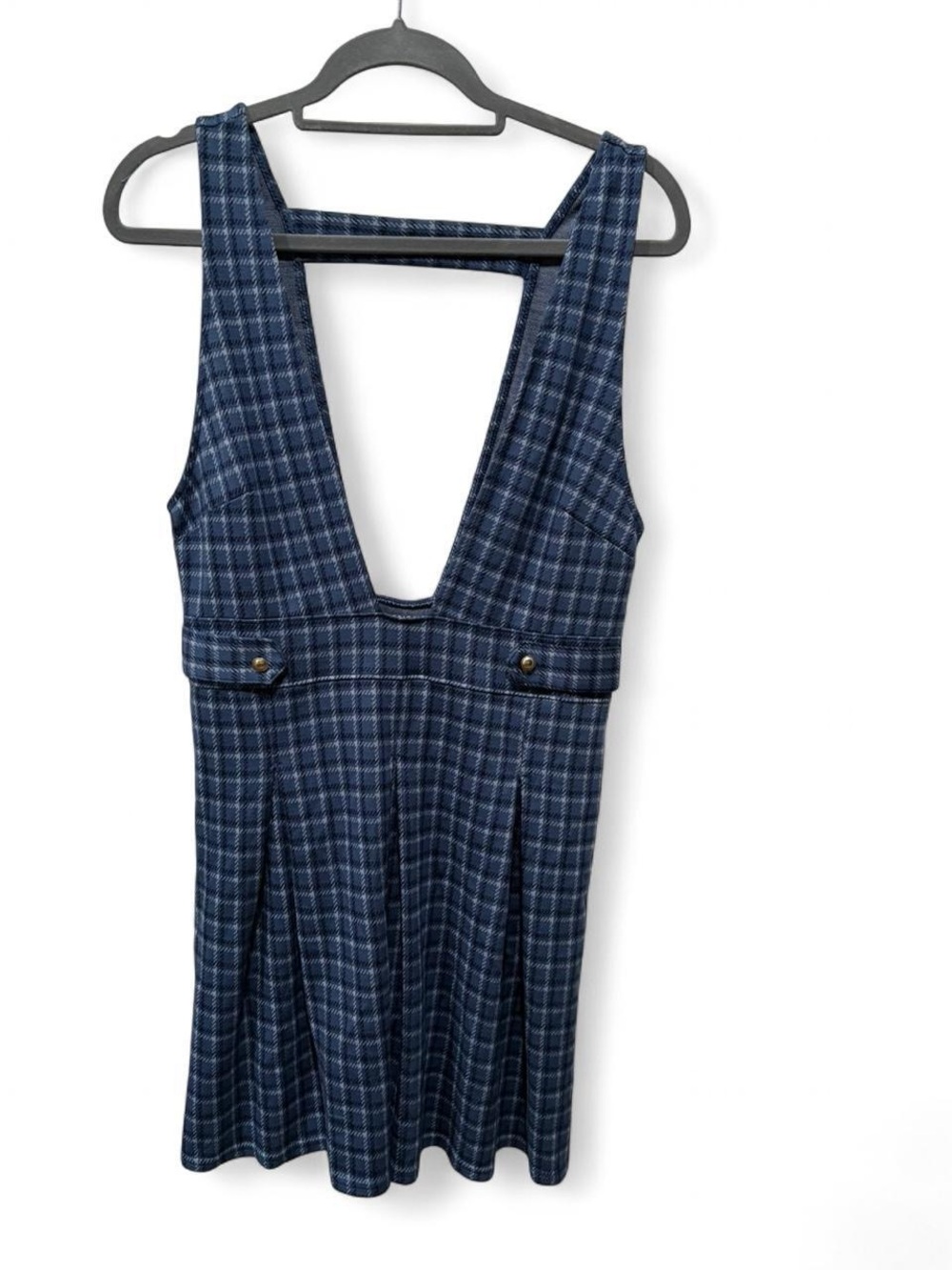 American Eagle Plaid Deep V Pinafore Dress in Navy